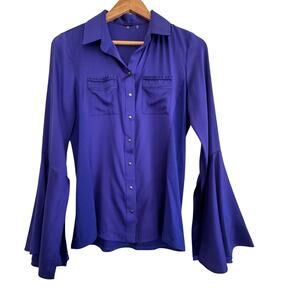 Elie Tahari Y2K Indigo Silk Rayon Bell Sleeve Snap Button Blouse Women's Small